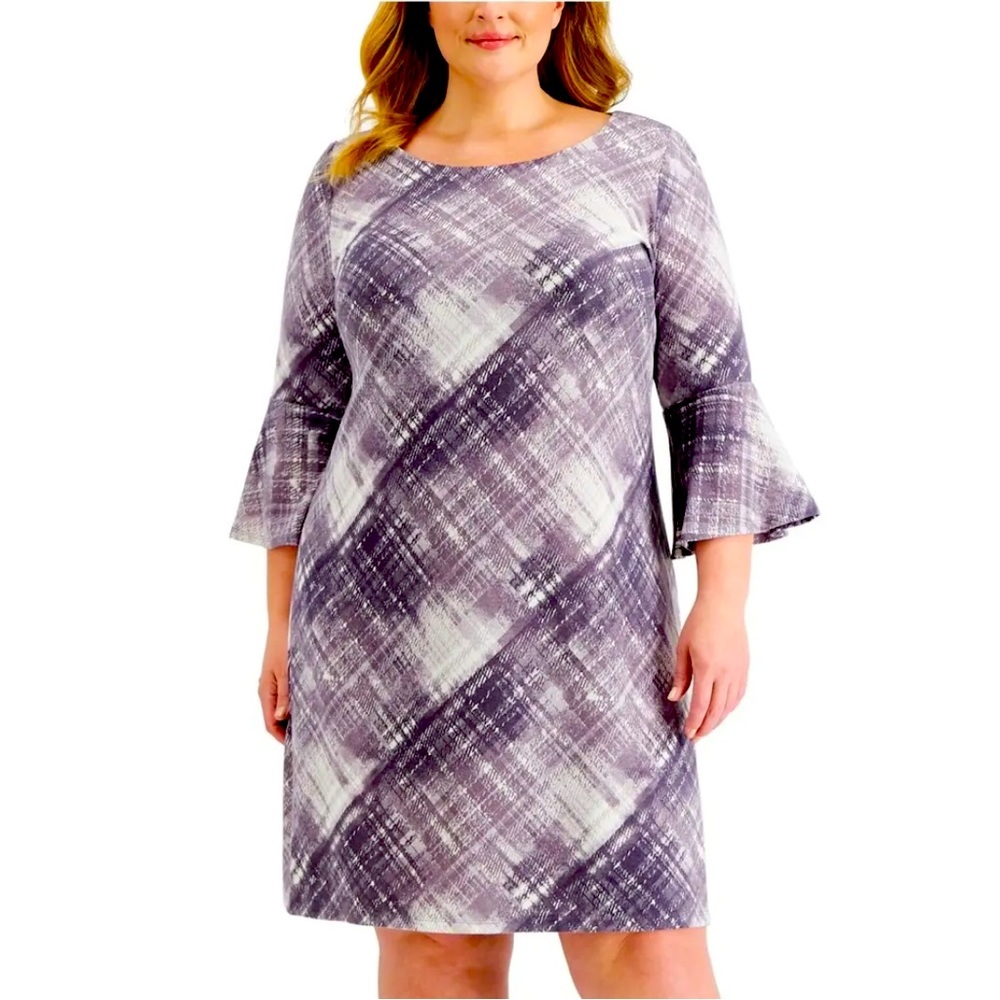 Women’s Dress CONNECTED APPAREL Plus Size 24W Purple Plaid Long Bell Sleeve NEW